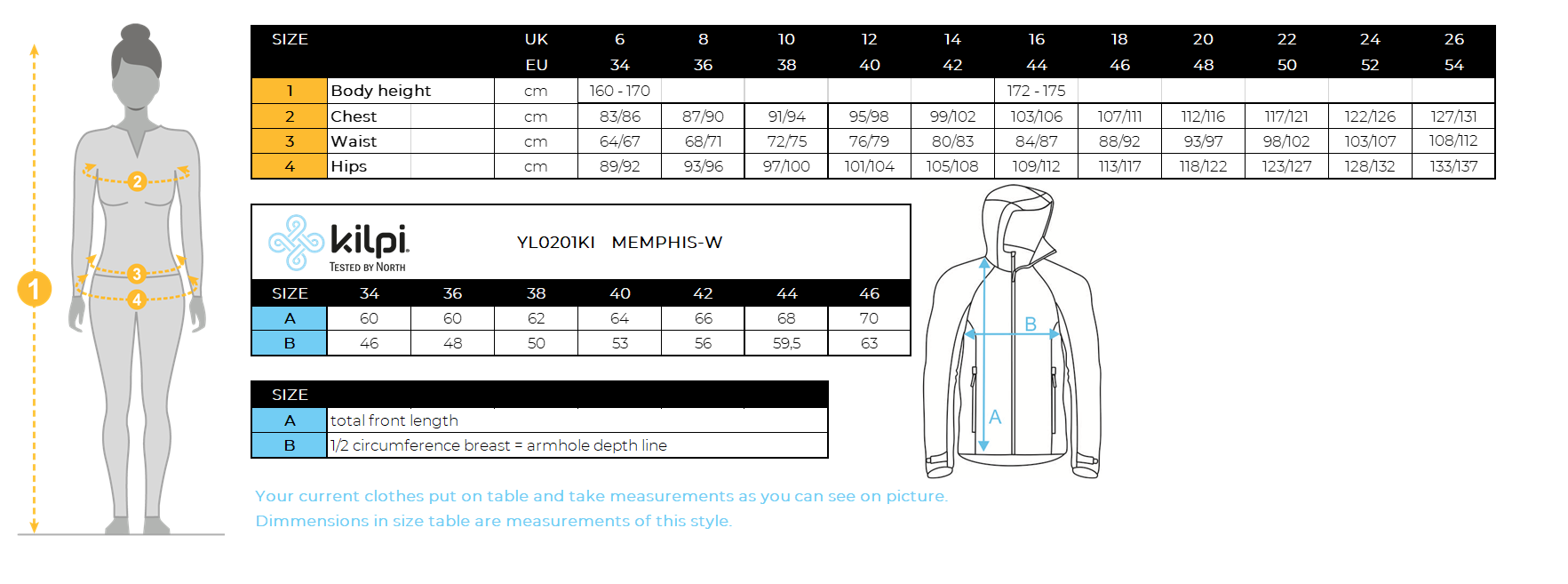 Women's functional sweatshirt Kilpi MEMPHIS-W – Size chart