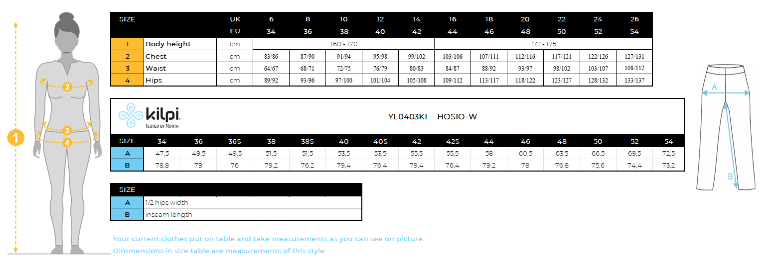 Women's outdoor pants Kilpi HOSIO-W – Size chart
