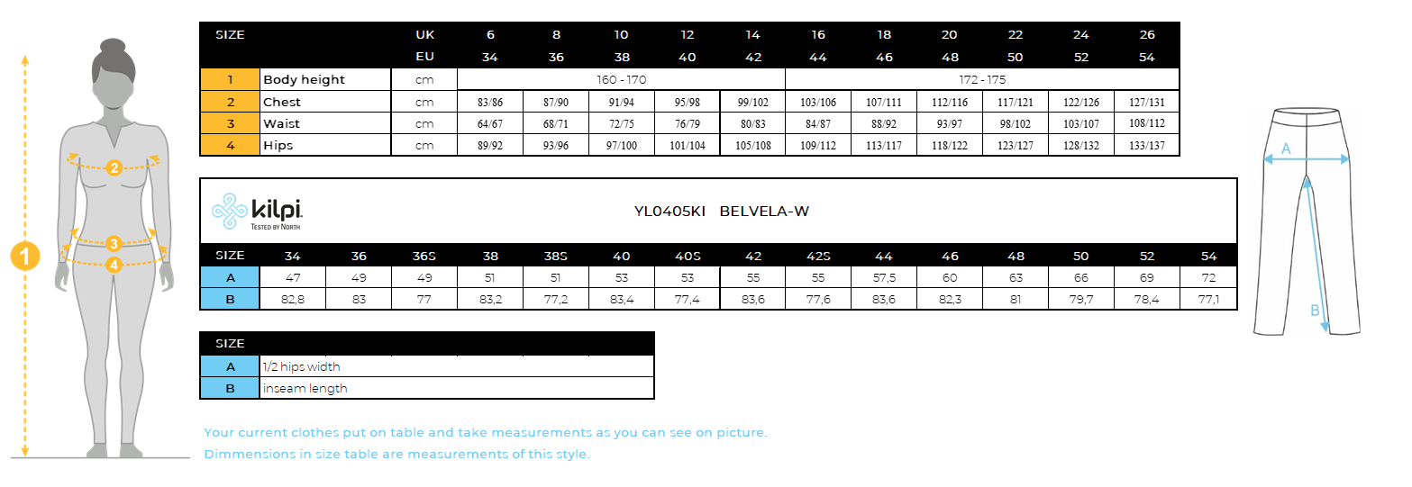 Women's outdoor pants Kilpi BELVELA-W – Size chart