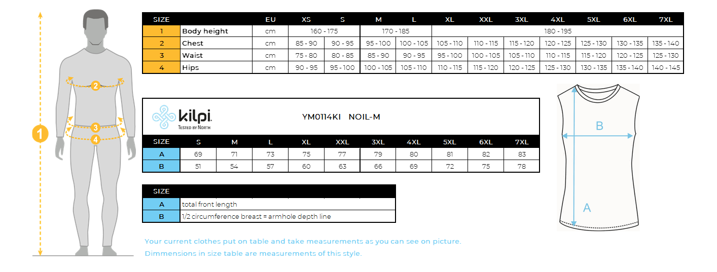 Men's softshell vest Kilpi NOIL-M – Size chart