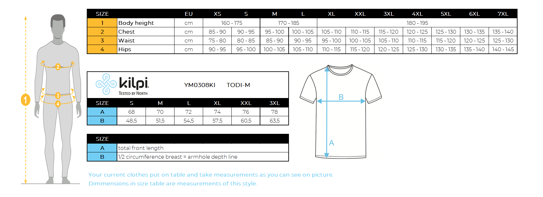 Men's technical T-shirt Kilpi TODI-M – Size chart