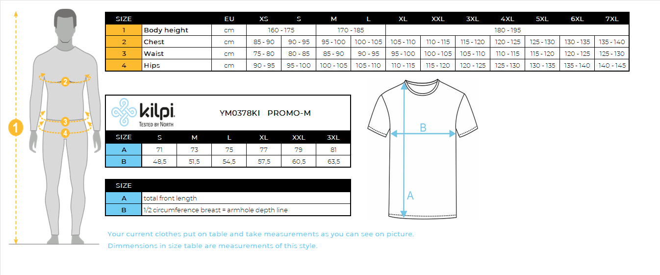 Men's cotton T-shirt Kilpi PROMO-M – Size chart