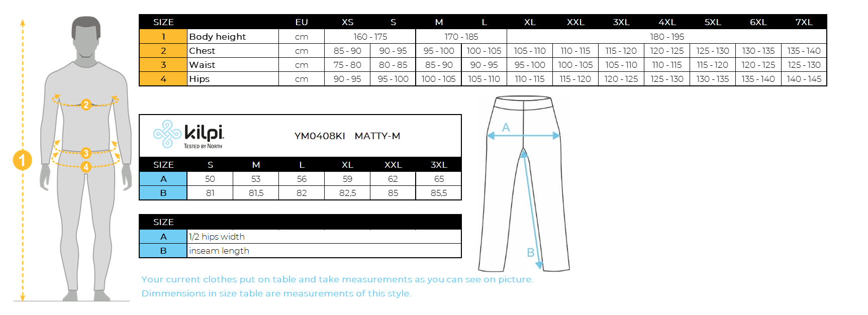 Men's cotton pants Kilpi MATTY-M – Size chart