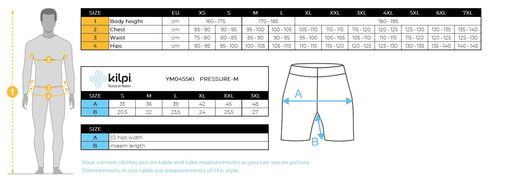 Men's cycling shorts Kilpi PRESSURE-M – Size chart
