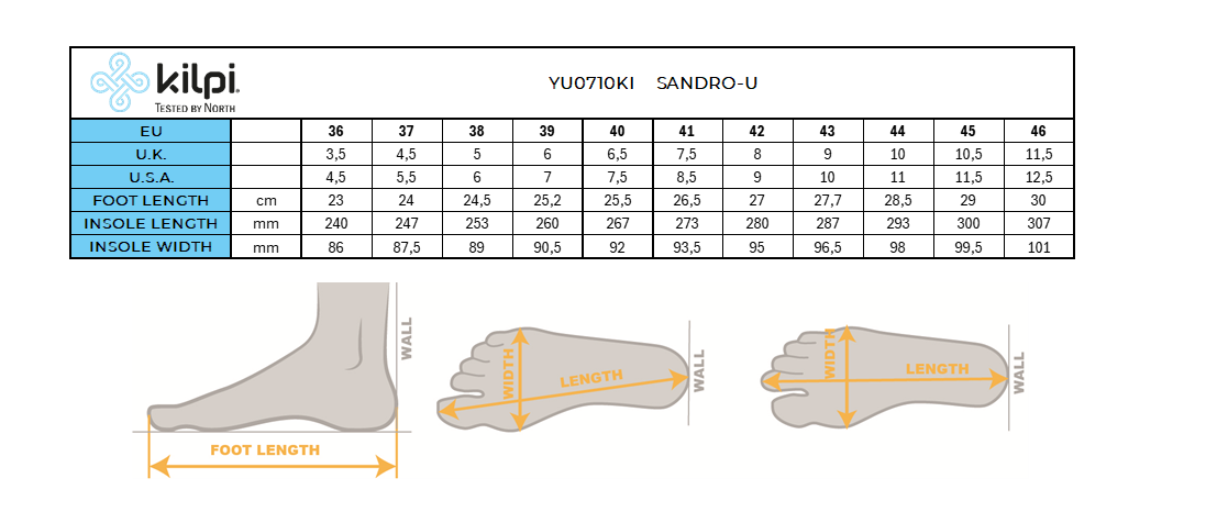 Uniseks sandalen voor toeristen Kilpi SANDRO-U – Maattabel