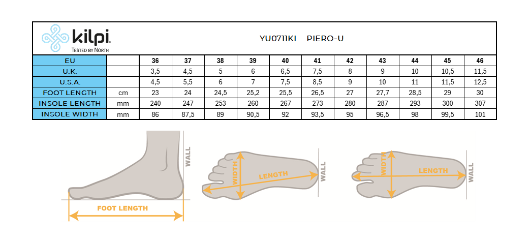 Lifestyle sandals Kilpi PIERO-U – Size chart