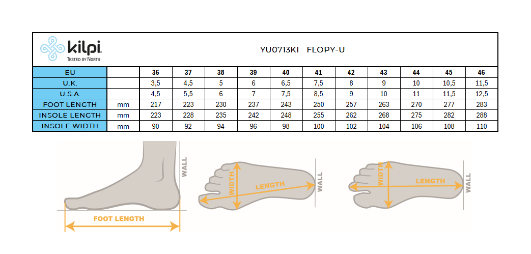 Uniseks slippers Kilpi FLOPY-U – Maattabel