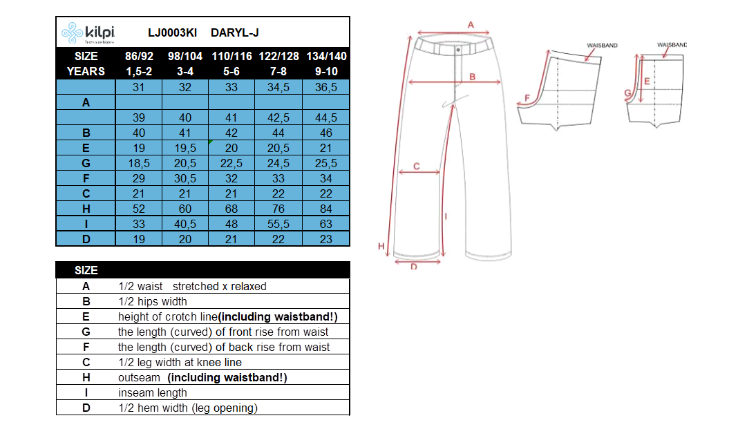 Kid's ski pants Kilpi DARYL-J – Size chart