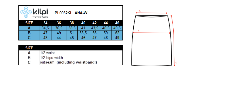 Women's outdoor skirt Kilpi ANA-W – Size chart