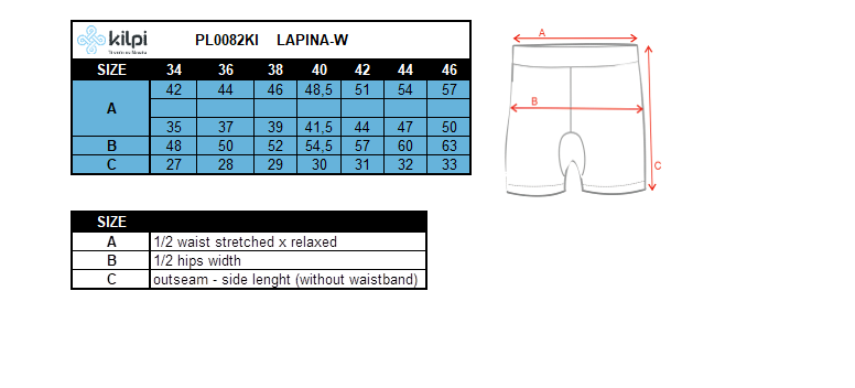 Dames hardloopshort Kilpi LAPINA-W – Maattabel