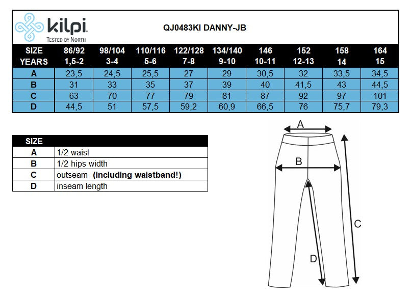 Katoenen kinderbroek Kilpi DANNY-J – Maattabel