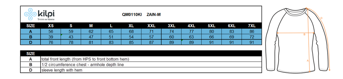 Men´s softshell jacket Kilpi ZAIN-M – Size chart
