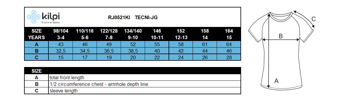 Girl´s technical t-shirt Kilpi TECNI-JG – Size chart