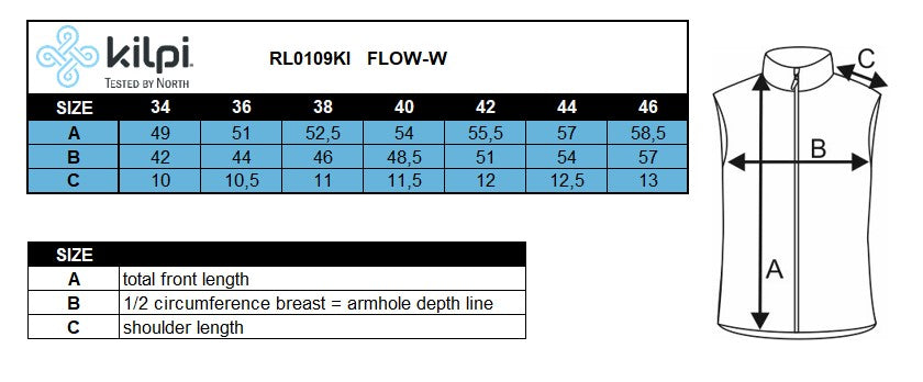 Women's cycling vest Kilpi FLOW-W – Size chart