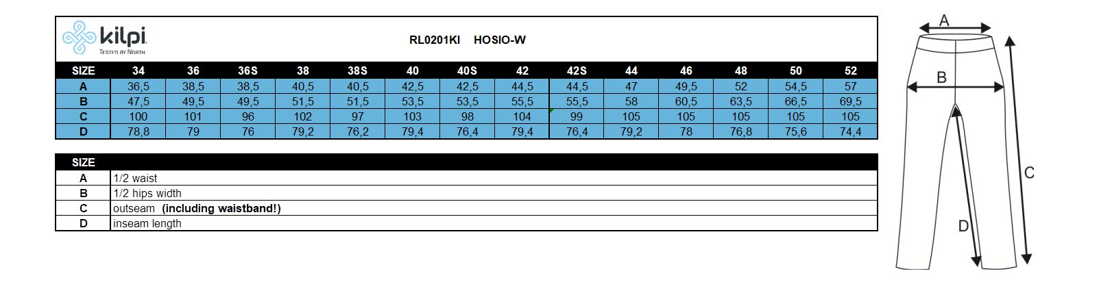 Women's outdoor pants Kilpi HOSIO-W – Size chart
