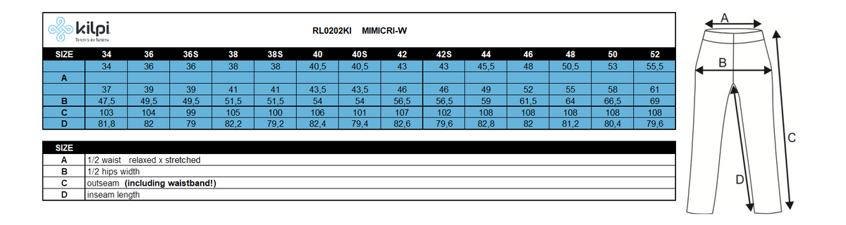Women's outdoor pants Kilpi MIMICRI-W – Size chart