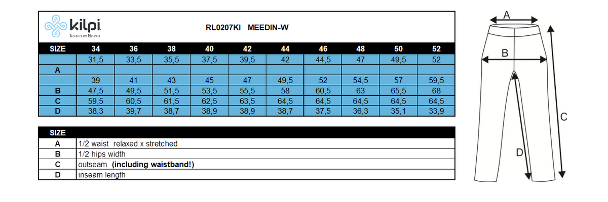Dames 3/4 outdoorbroek Kilpi MEEDIN-W – Maattabel