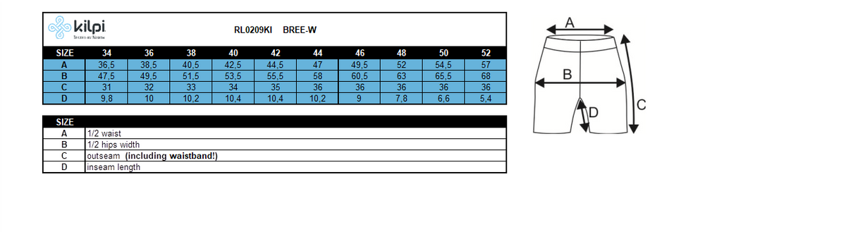 Women's outdoor shorts Kilpi BREE-W – Size chart