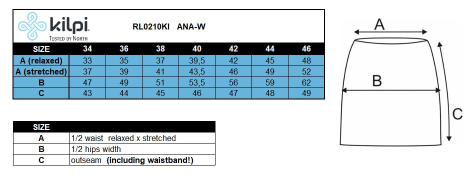Women's outdoor skirt Kilpi ANA-W – Size chart