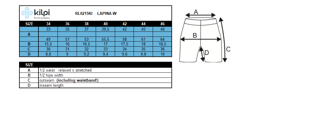 Dames hardloopshort Kilpi LAPINA-W – Maattabel