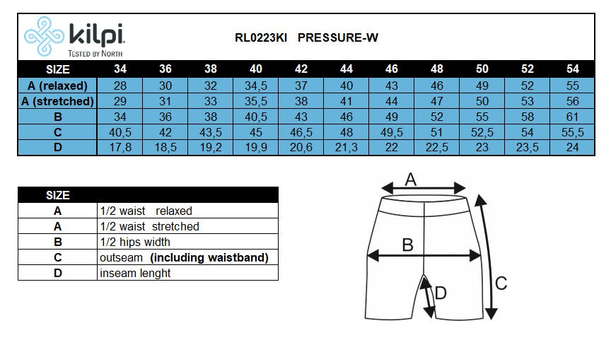 Women's cycling shorts Kilpi PRESSURE-W – Size chart
