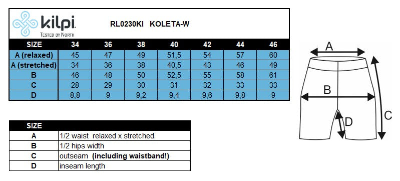 Damesshorts Kilpi KOLETA-W – Maattabel