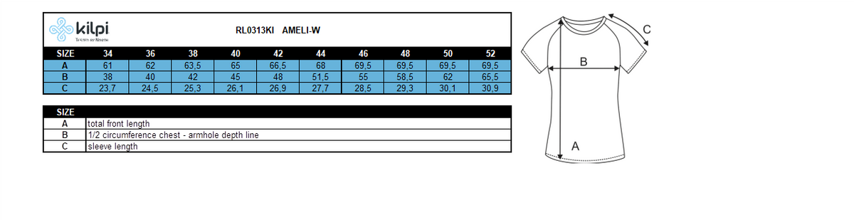 Women´s technical t-shirt Kilpi AMELI-W – Size chart