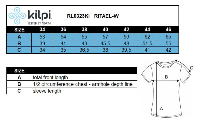 Damesfietsshirt Kilpi RITAEL-W – Maattabel