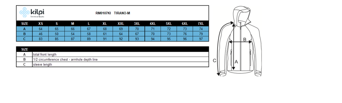 Men's running jacket Kilpi TIRANO-M – Size chart