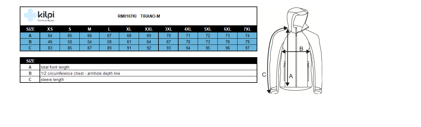 Men's running jacket Kilpi TIRANO-M – Size chart