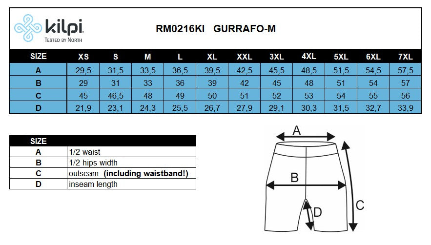 Men's cycling shorts Kilpi GURRAFO-M – Size chart