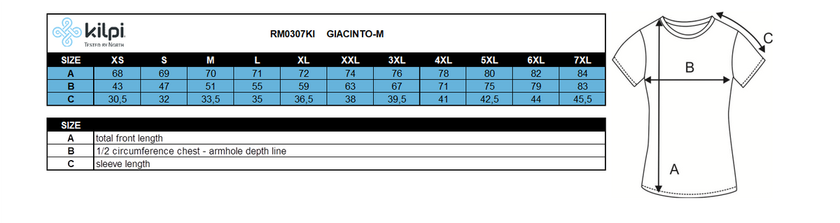 Men´s outdoor t-shirt Kilpi GIACINTO-M – Size chart