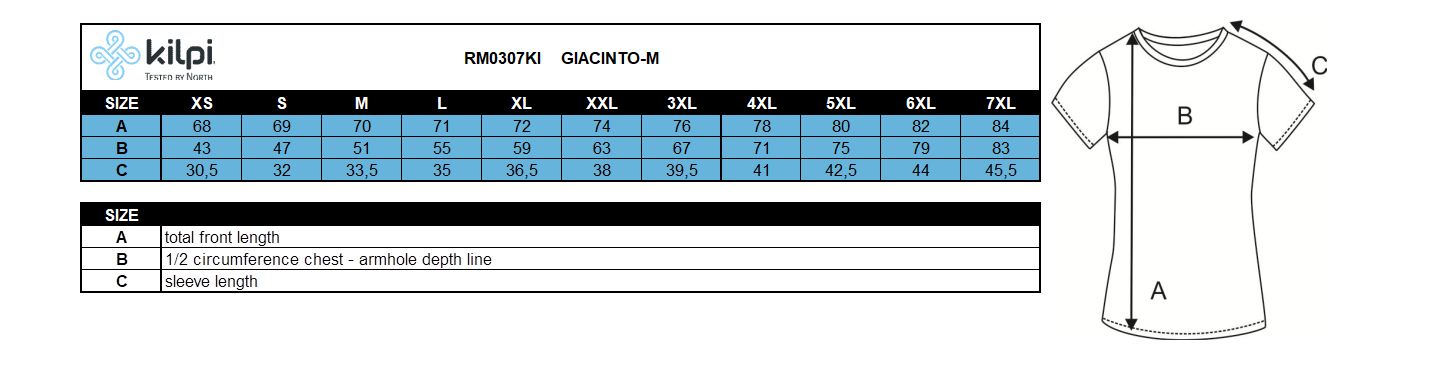 Men´s outdoor t-shirt Kilpi GIACINTO-M – Size chart