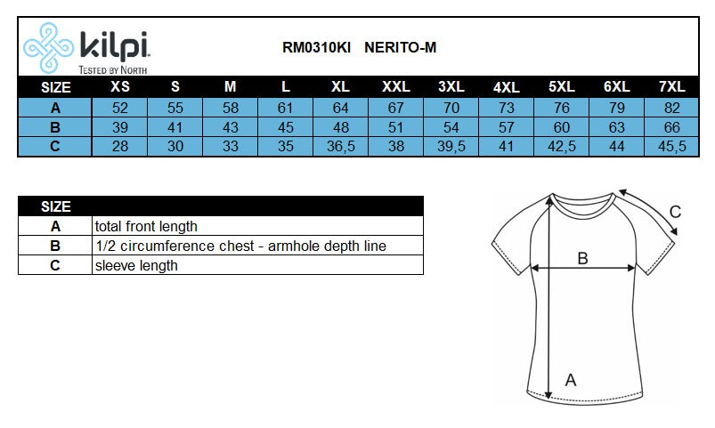 Heren fietsshirt Kilpi NERITO-M – Maattabel