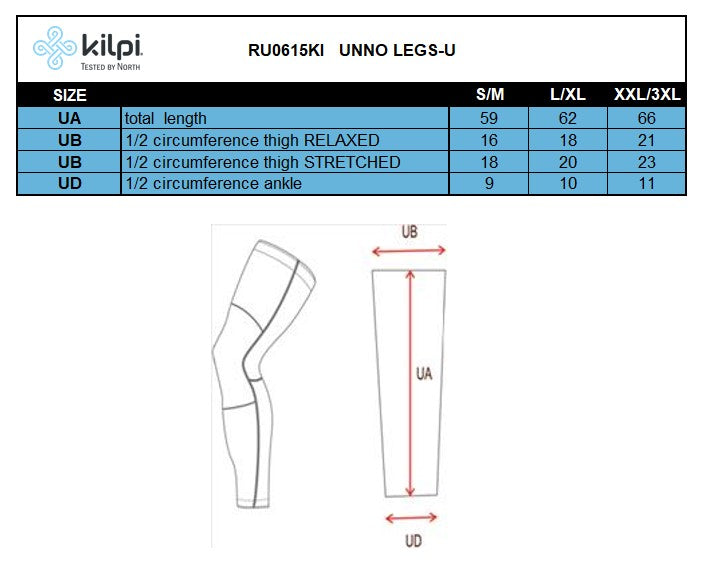 Leg warmers Kilpi UNNO LEGS-U – Size chart