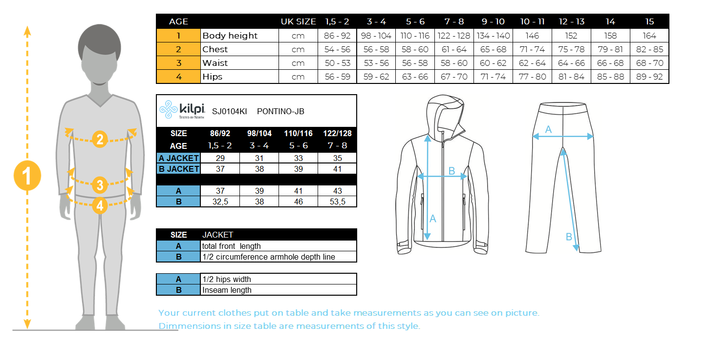 Jongensskioverall Kilpi PONTINO-JB – Maattabel