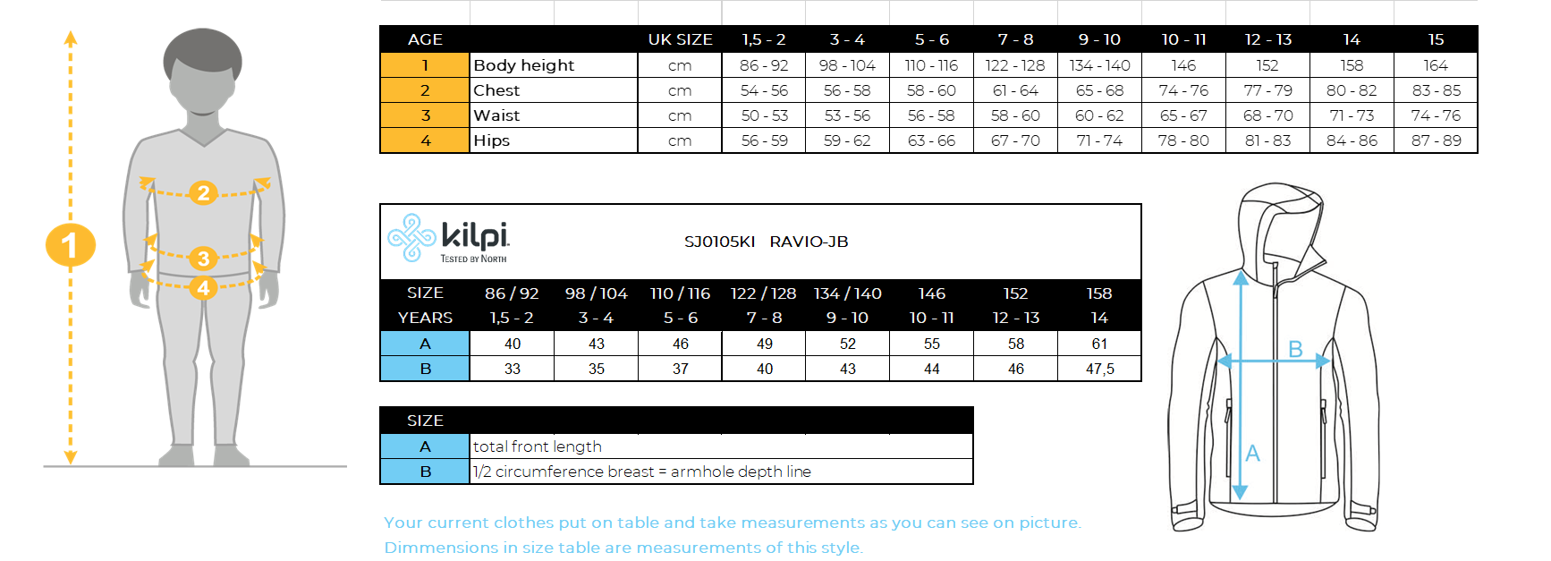 Boy´s softshell jacket Kilpi RAVIO-JB – Size chart