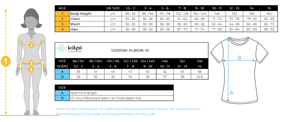 Girl´s cotton t-shirt Kilpi ALBION-JG – Size chart