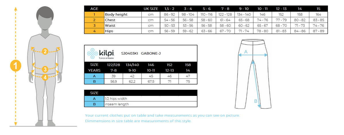 Kid´s ski pants Kilpi GABONE-J – Size chart