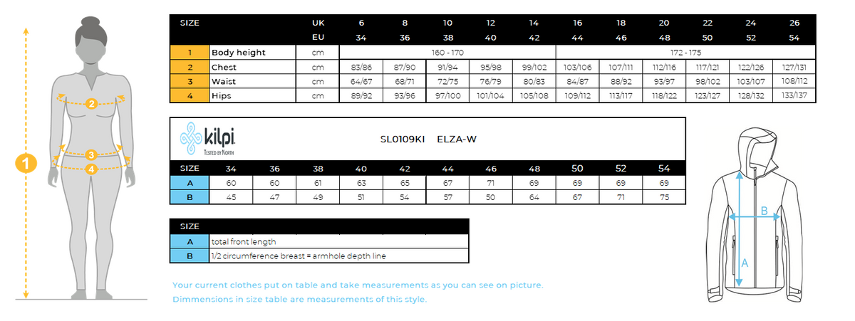 Women´s ski jacket Kilpi ELZA-W – Size chart