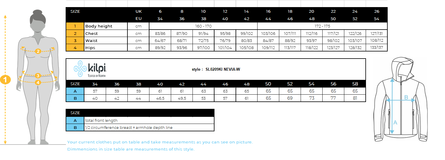 Women´s insulated middle layer Kilpi NEVIA-W – Size chart