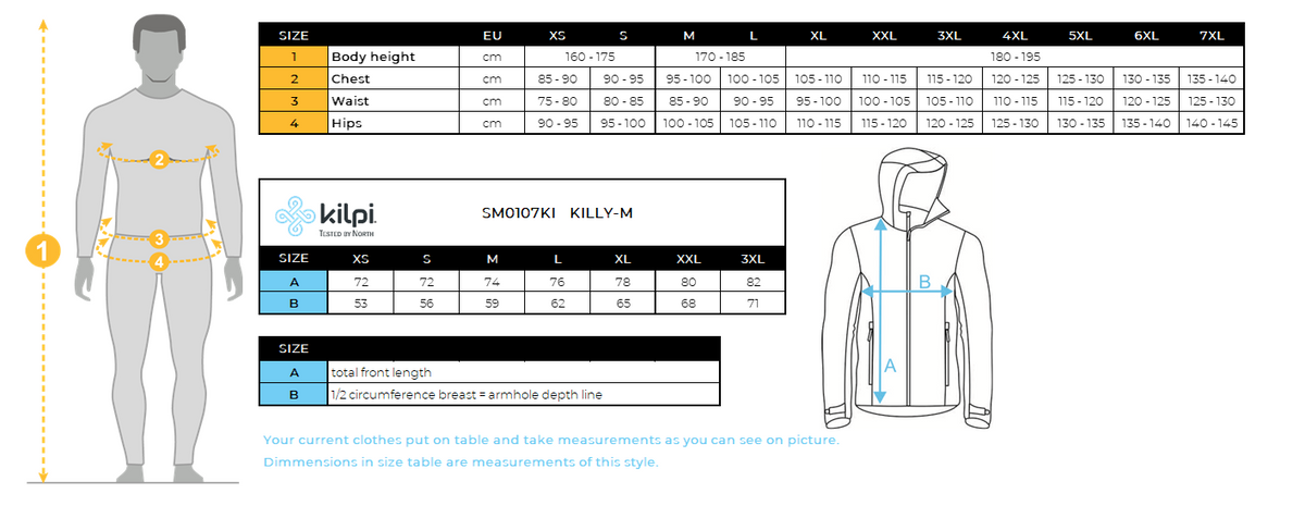 Heren ski-jas Kilpi KILLY-M – Maattabel