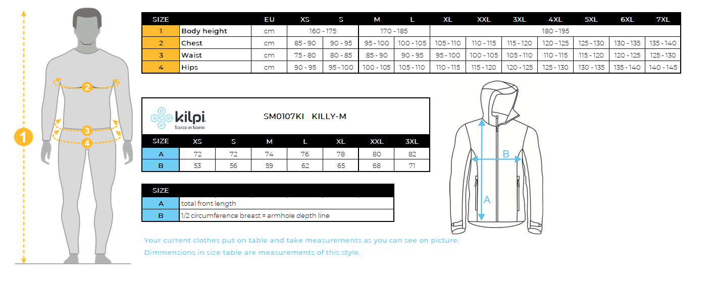 Heren ski-jas Kilpi KILLY-M – Maattabel
