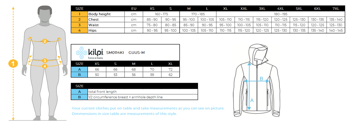 Men´s down jacket Kilpi GUUS-M – Size chart