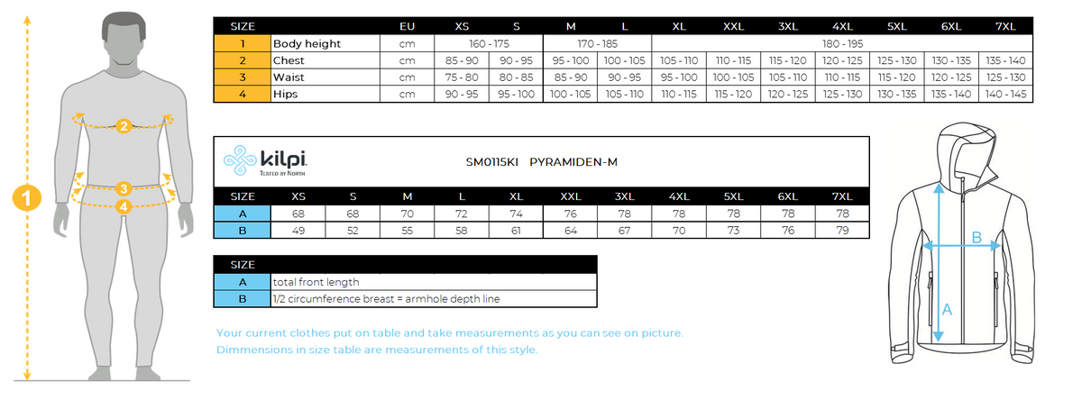 Men´s down jacket Kilpi PYRAMIDEN-M – Size chart