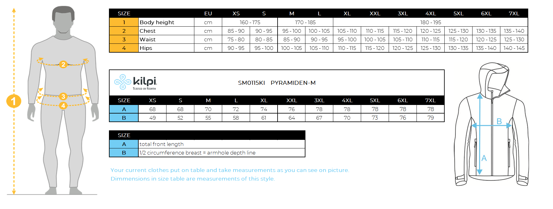 Men´s down jacket Kilpi PYRAMIDEN-M – Size chart