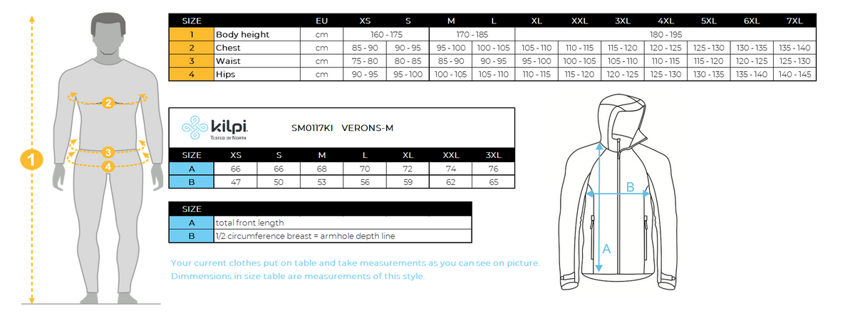Men´s insulated jacket Kilpi VERONS-M – Size chart