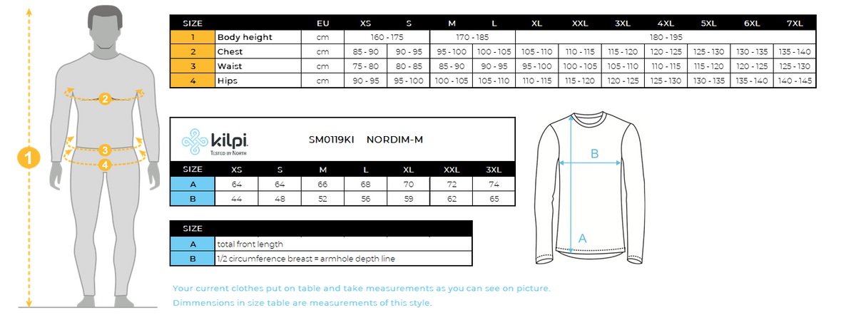 Hardloopjack voor heren Kilpi NORDIM-M – Maattabel