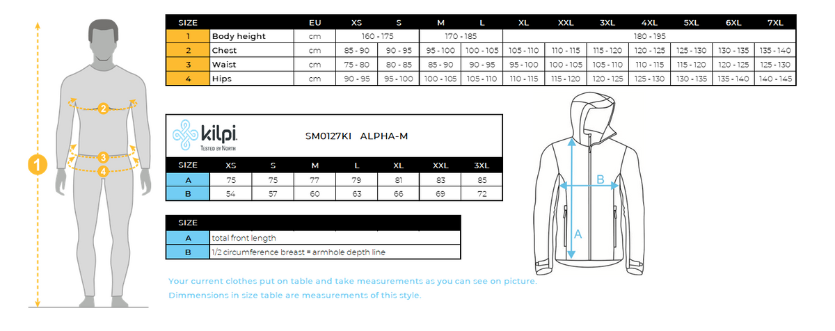 Men´s winter jacket Kilpi ALPHA-M – Size chart