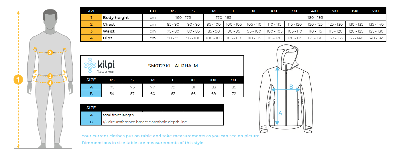 Men´s winter jacket Kilpi ALPHA-M – Size chart